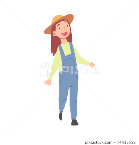 Cute Smiling Girl Wearing Denim Overalls and Straw Hat Cartoon Style Vector Illustration 74435558
