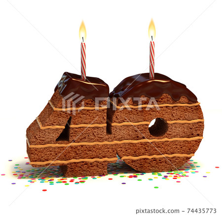 chocolate birthday cake with lit candle and confetti 3d font number 40 74435773
