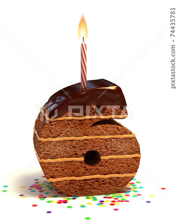 chocolate birthday cake with lit candle and confetti 3d font number 6 chocolate birthday cake with lit candle and confetti 3d font number 6 74435781