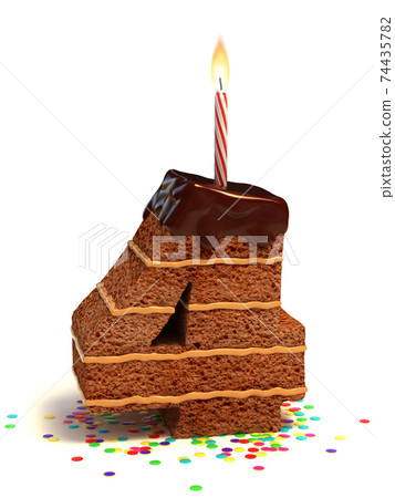 chocolate birthday cake with lit candle and confetti 3d font number 4 74435782