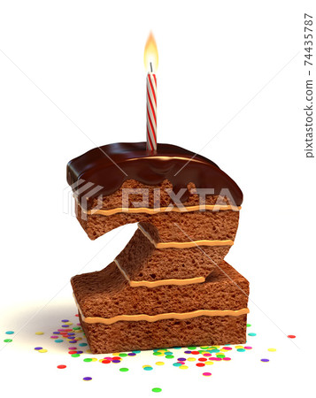 chocolate birthday cake with lit candle and confetti 3d font number 2 74435787