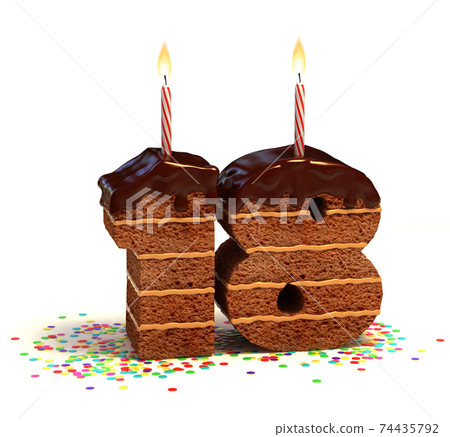 chocolate birthday cake with lit candle and confetti 3d font number 18 74435792