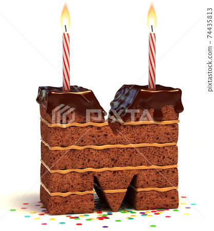 chocolate birthday cake with lit candle and confetti 3d font letter M chocolate birthday cake with lit candle and confetti 3d font letter M 74435813