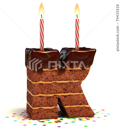 chocolate birthday cake with lit candle and confetti 3d font letter K 74435816