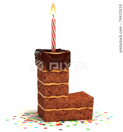 chocolate birthday cake with lit candle and confetti 3d font letter L chocolate birthday cake with lit candle and confetti 3d font letter L 74435818