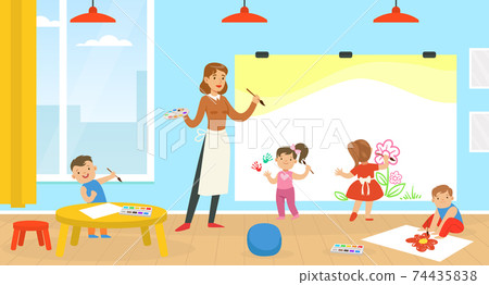 Teacher Teaching Kids to Paint, Children Painting at Kindergarten or School, Early Development Concept Vector Illustration Teacher Teaching Kids to Paint, Children Painting at Kindergarten or School, Early Development Concept Vector Illustration 74435838