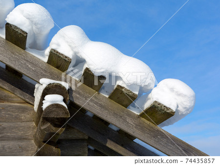 Snow drift on roof after of snowfalls. Snow drift on roof after of snowfalls. 74435857
