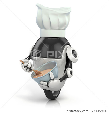 funny robot - cook with the chef's hat making the dessert - 3d illustration isolated on the white background 74435961
