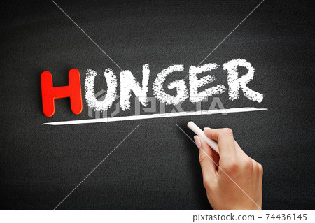 Hand writing hunger on blackboard, concept background 74436145