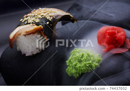 Close up of sushi nigiri with eel .Sushi.  74437032
