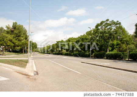巴塞羅那郊區的城市景觀，西班牙安靜的道路和路邊的樹木 74437388