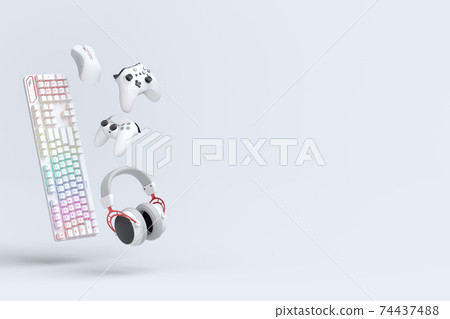 Flying gamer gears like mouse, keyboard, joystick, headset, VR 74437488