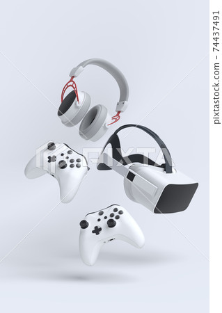 Flying gamer gears like VR glasses, headphones and joystick on white background Flying gamer gears like VR glasses, headphones and joystick on white background 74437491
