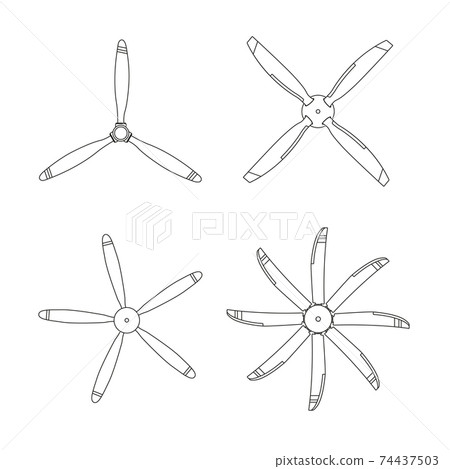 Set of aircraft screw in outline style. Airplane propellers on white background. Isolated industrial images 74437503