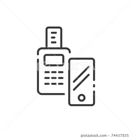 Transaction with smartphone thin line icon. Shipping terminal payment. Pay with mobile. Outline commerce vector illustration Transaction with smartphone thin line icon. Shipping terminal payment. Pay with mobile. Outline commerce vector illustration 74437835
