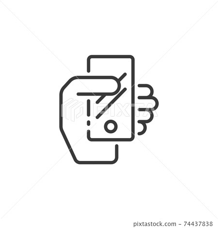 Smartphone in a hand thin line icon. Mobile payment technology. Outline commerce vector illustration Smartphone in a hand thin line icon. Mobile payment technology. Outline commerce vector illustration 74437838