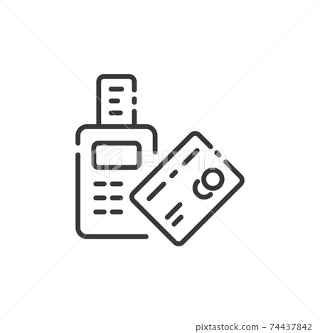 Pay with credit card reader machine thin line icon. Swiping terminal payment. Contactless. Outline commerce vector illustration Pay with credit card reader machine thin line icon. Swiping terminal payment. Contactless. Outline commerce vector illustration 74437842