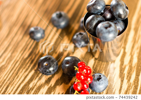 Composition with black and red guide, sweet and healthy summer berries, blueberries and red currants. 74439242