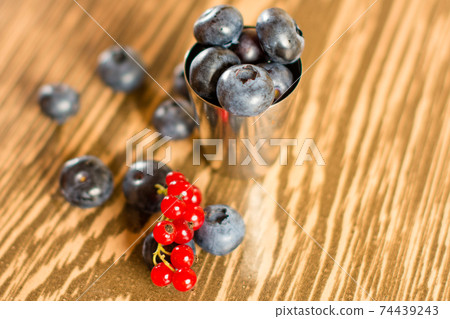 Composition with black and red guide, sweet and healthy summer berries, blueberries and red currants. 74439243