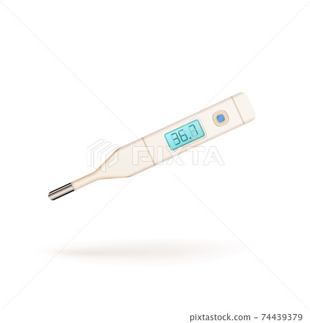 Bright glossy realistic medical thermometer with normal human temperature on white 74439379