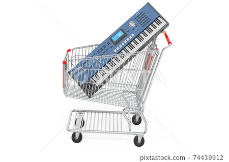 Shopping cart with synthesizer. 3D rendering Shopping cart with synthesizer. 3D rendering 74439912