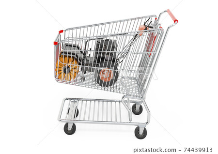 Shopping cart with Snow Sweeper Power Brush Broom Industrial. 3D rendering Shopping cart with Snow Sweeper Power Brush Broom Industrial. 3D rendering 74439913