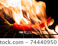 red hot chili pepper lies on dry grass and a metal grate in the fire 74440950