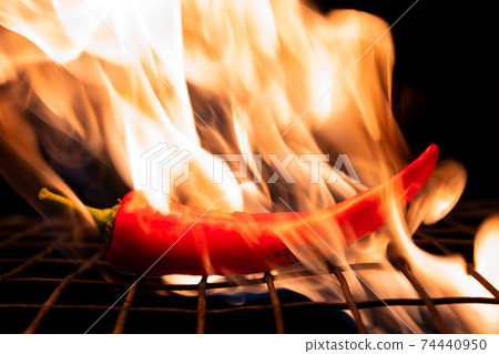 red hot chili pepper lies on dry grass and a metal grate in the fire red hot chili pepper lies on dry grass and a metal grate in the fire 74440950
