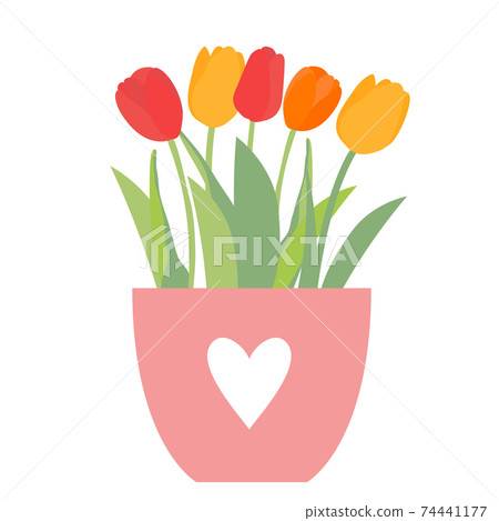 Bouquet of spring flowers in flowerpot tulips isolated on white background Vector Illustration. EPS10 74441177