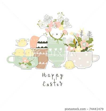 Cute bunny and chicks sitting in cups with Easter eggs and flowers Cute bunny and chicks sitting in cups with Easter eggs and flowers 74441479