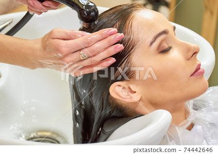 Woman getting her head washed. 74442646
