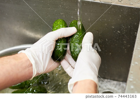 Chef washing cucumbers under tap water. Chef washing cucumbers under tap water. 74443163