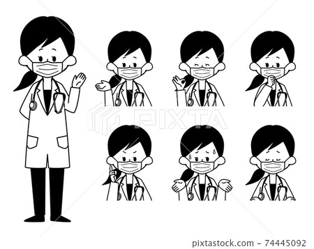 戴著面具黑色和白色的女醫生的面部表情集 74445092