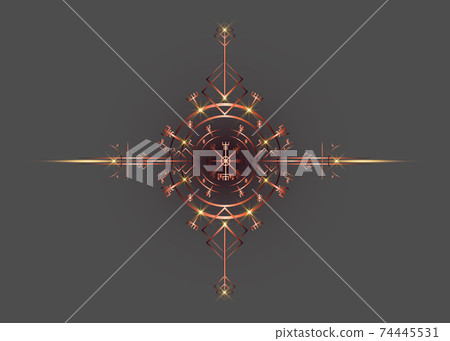 Magic ancient viking art deco, Vegvisir magic navigation compass ancient. The Vikings used many symbols in accordance to Norse mythology. Fiery gold bronze logo icon Wiccan esoteric sign isolated Magic ancient viking art deco, Vegvisir magic navigation compass ancient. The Vikings used many symbols in accordance to Norse mythology. Fiery gold bronze logo icon Wiccan esoteric sign isolated 74445531