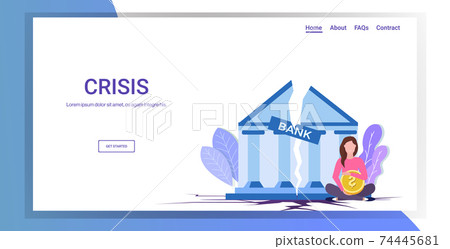 woman holding dollar coin near destroyed bank building financial crisis bankrupt investment risk currency decline budget collapse concept horizontal copy space 74445681