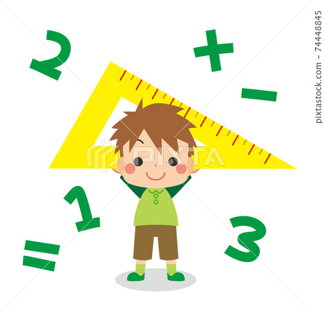 Elementary school students and school subjects Arithmetic A cute little boy lifting a triangle ruler 74448845