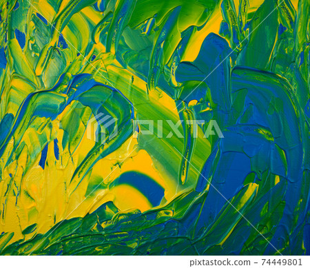Abstract irregular background. Painted trowel texture. Acrylic yellow, blue, green colors on canvas. Handmade, hand drawn. Fine art, artwork. Modern, contemporary art. Original. 74449801