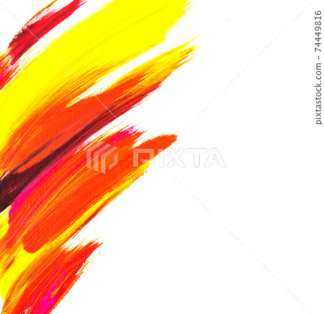 Acrylic brush strokes of vivid yellow, red, purple colors. Abstract background. Painting on canvas. Handmade, hand drawn. Fine art, artwork. Modern, contemporary art. Original. 74449816