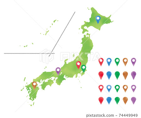 Illustration of Japanese archipelago and marker pin with watercolor touch 74449949