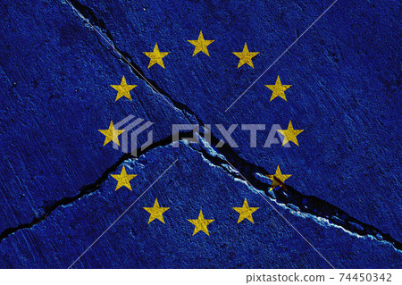 europe union flags painted over cracked concrete wall 74450342