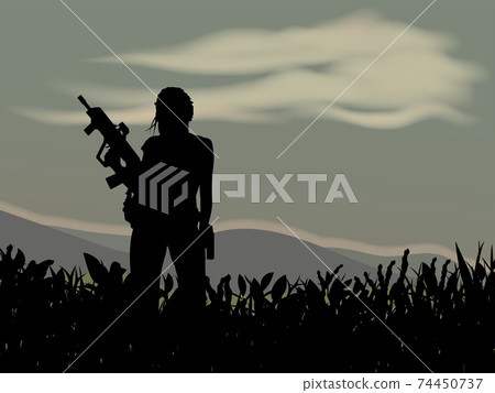 Girl with weapons in her hands. Sky, mountains, trees. Colorful vector image. 74450737