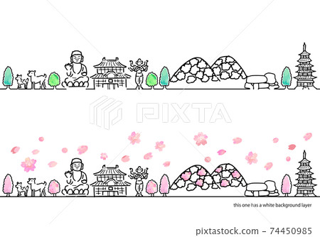 Handwritten Nara spring cityscape simple line art set 74450985