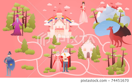 Fairy tale map with fantasy characters, educational game for kids, help find right way to princess, magical dragon 74451670