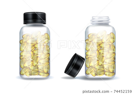 Medicine bottles with clear yellow capsules 74452159