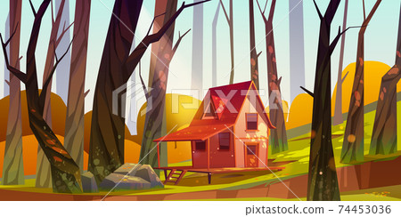 Wooden stilt house in autumn forest. Old shack Wooden stilt house in autumn forest. Old shack 74453036
