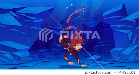 Woman scuba diver with mask swim underwater in sea Woman scuba diver with mask swim underwater in sea 74453101