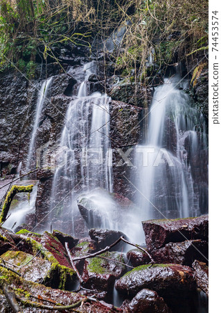 Scenery of a waterfall flowing down the clear stream Kikuchi Gorge in winter 74453574