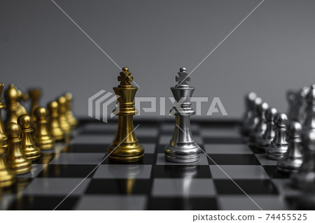 chess figure team (King, Queen, Bishop, Knight, Rook and Pawn) on Chessboard against opponent during battle. Strategy, Success, management, business planning, think, education and leader concept 74455525