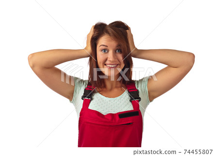 woman in red overalls  , isolated on white 74455807