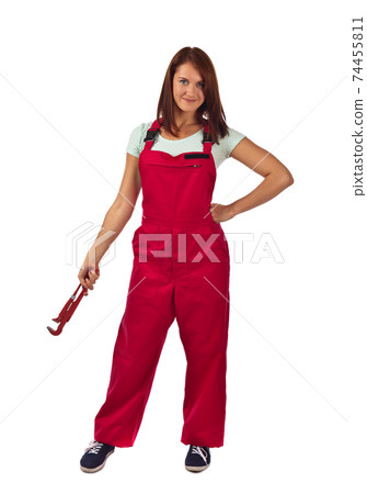 woman in red overalls  , isolated on white 74455811